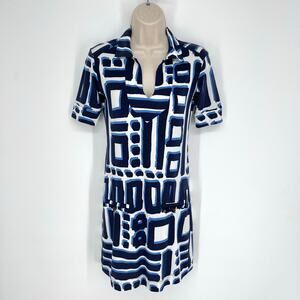 Tori Richard Honolulu V-Neck Dress XXS Short Sleeve Blue White Geometric Pockets